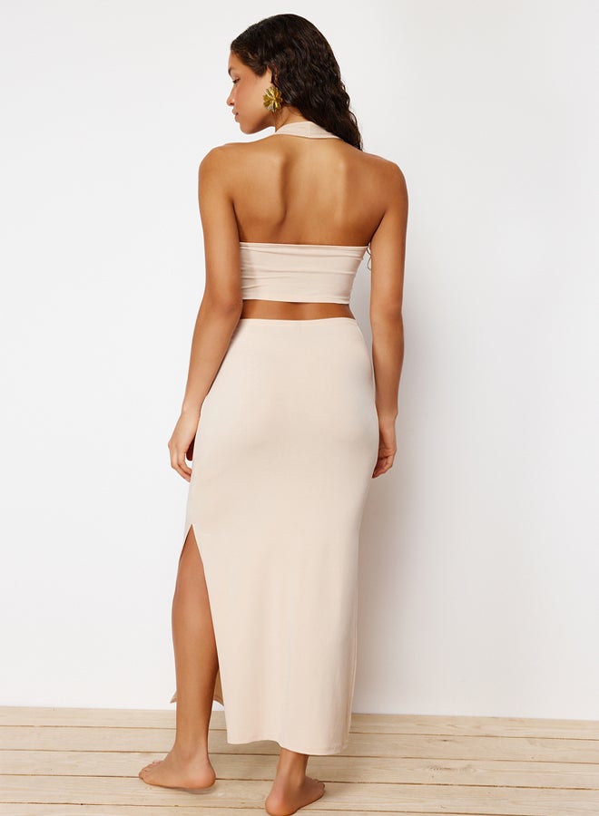 trendyol Beige Fitted Knitted Blouse Skirt Set with Accessories TBESS23AU00084  - Image 5