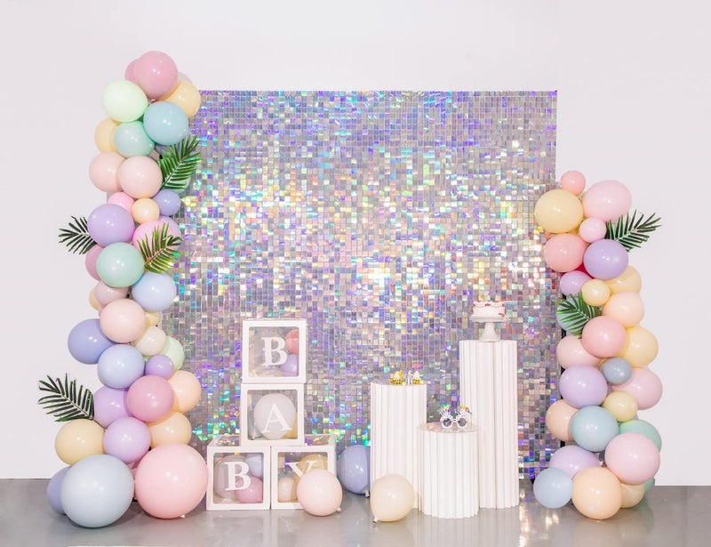 Kate Shimmer Wall Backdrop Silver Iridescent 3FTx4FT Square Sequin Wall Panel Backdrop Decor for Wedding Anniversary Birthday Party, 12 Panels - Image 1