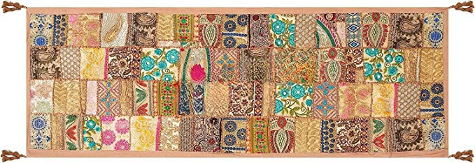 AIVIK Table Runner for 6 Seater Dining Table Cotton Beaded Antique Handmade Rajasthani Patchwork Embroidered Home Decor Eating Areas at Party and Wedding 20 x 72 inches Golden - Image 2