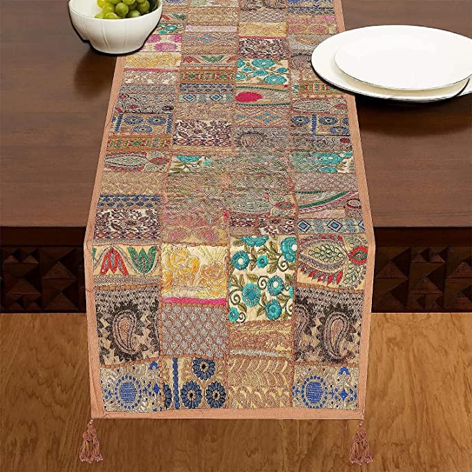 AIVIK Table Runner for 6 Seater Dining Table Cotton Beaded Antique Handmade Rajasthani Patchwork Embroidered Home Decor Eating Areas at Party and Wedding 20 x 72 inches Golden - Image 1