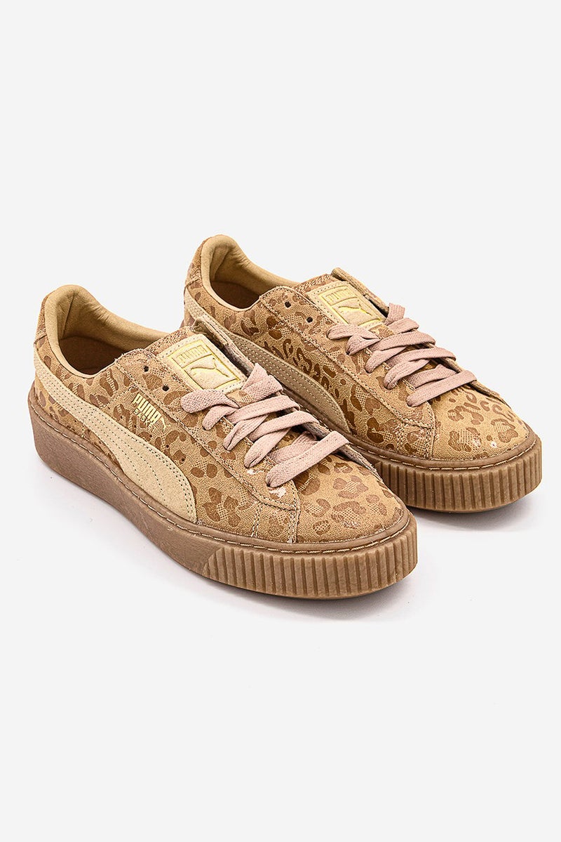 PUMA Women Basket Platform Leopard Sportwear Shoes, Tan  - Image 1