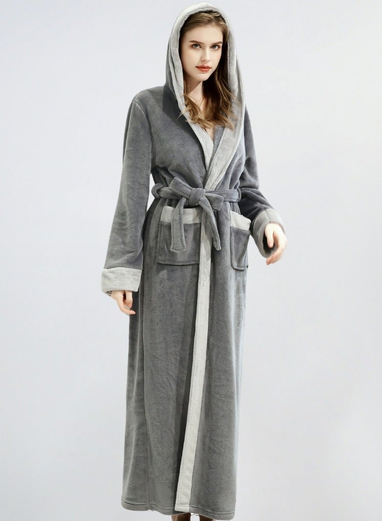 إسكدنيا جنس واحد الشتاء طويل سميك غطاء فستان ليلي فلانيل رداء حمام بيجاما رمادي داكن - Image 1