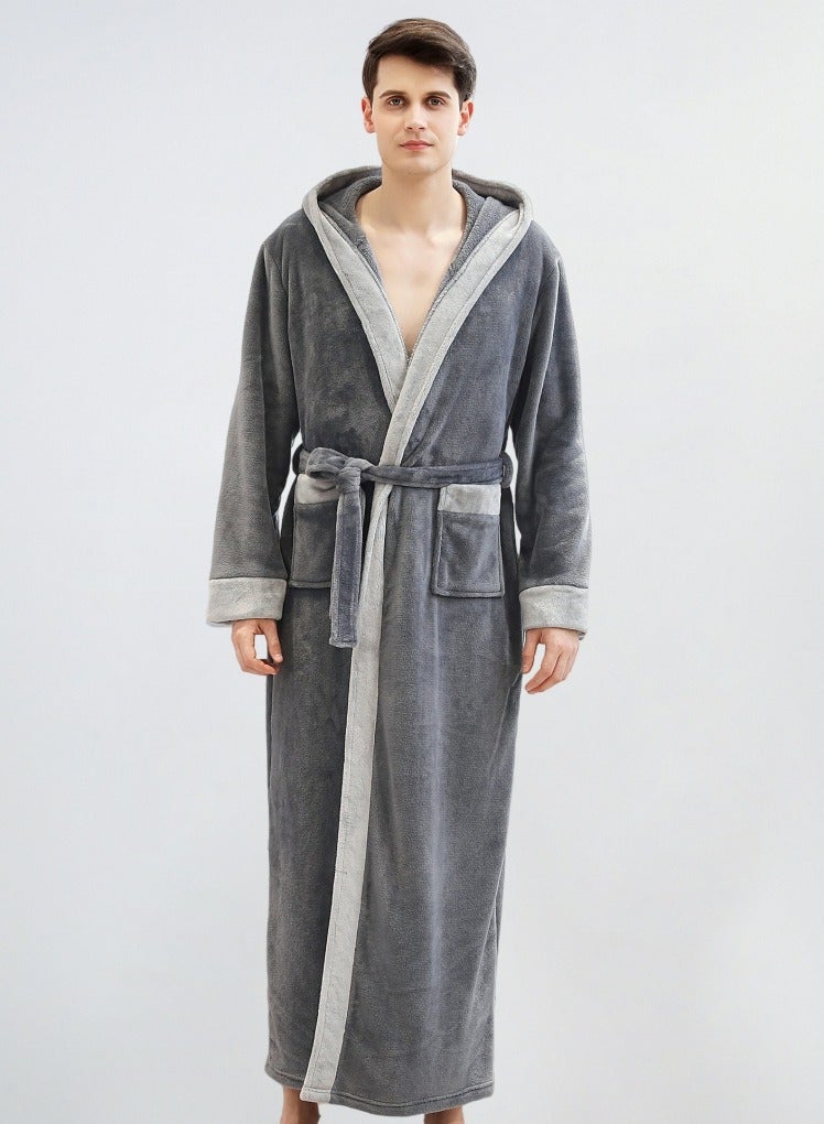 إسكدنيا جنس واحد الشتاء طويل سميك غطاء فستان ليلي فلانيل رداء حمام بيجاما رمادي داكن - Image 2