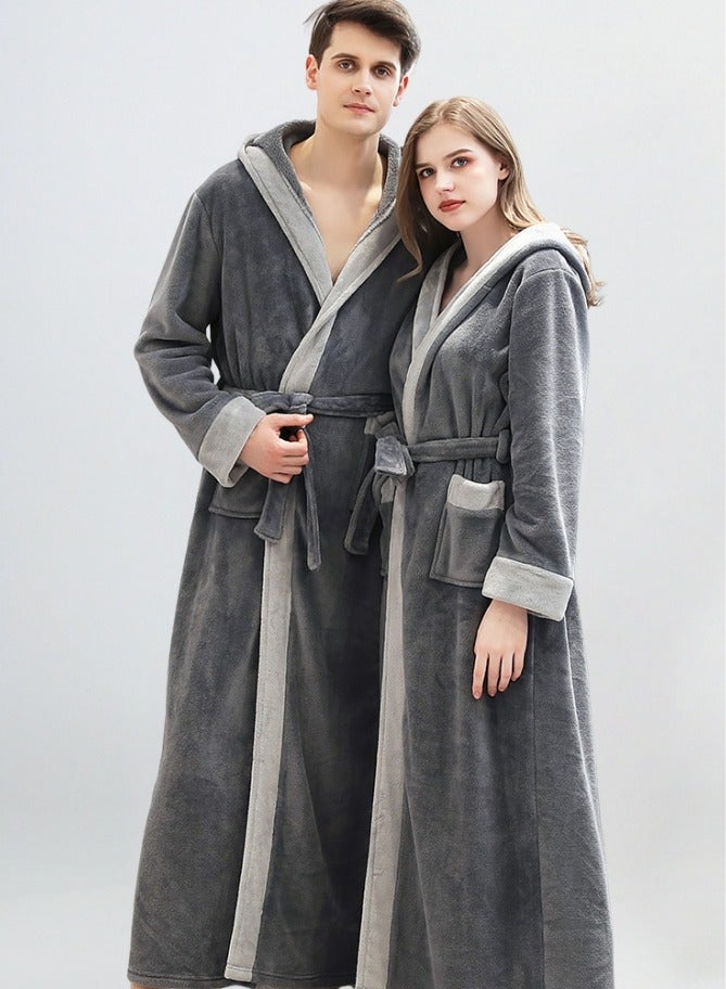 إسكدنيا جنس واحد الشتاء طويل سميك غطاء فستان ليلي فلانيل رداء حمام بيجاما رمادي داكن - Image 3