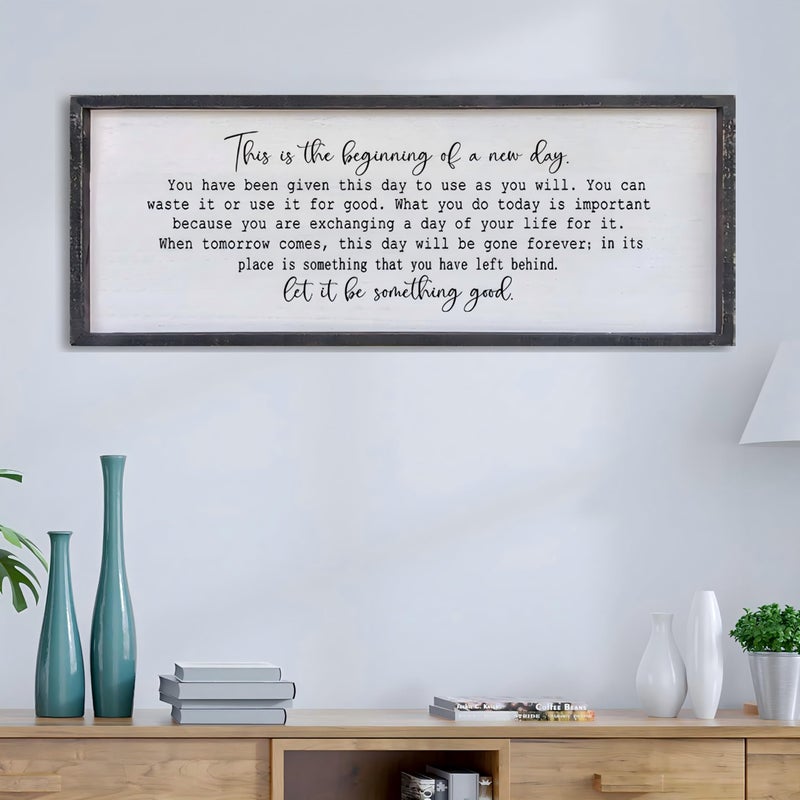 Surfapans This Is The Beginning Of A New Day Wall Decor 32"x12" Modren Large Farmhouse Living Room Inspirational Wood Framed Art Sign Office Home Inspiring Positive Quote Family Decoration (Black) - Image 1