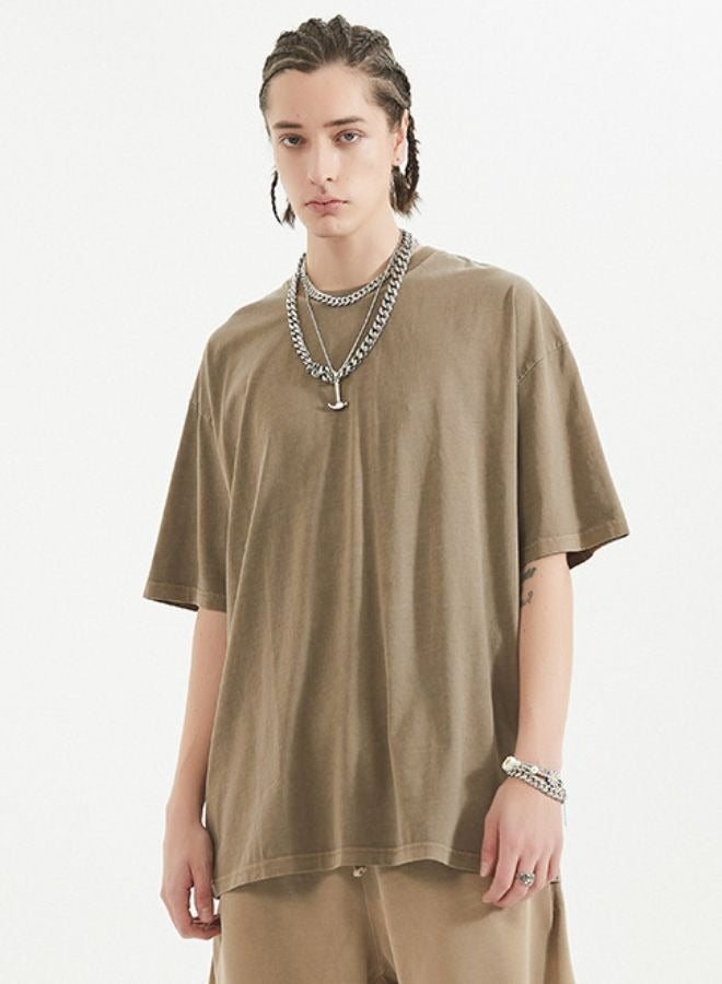 Mei Stylish Unisex Vintage Casual Loose Shoulder Oversize Crew Neck Shaded Short Sleeve T-shirt - Image 1