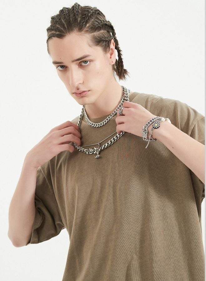 Mei Stylish Unisex Vintage Casual Loose Shoulder Oversize Crew Neck Shaded Short Sleeve T-shirt - Image 3