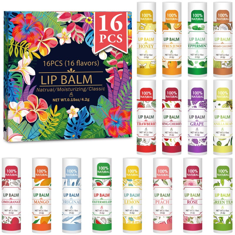 VISRIE 16 Pack Lip Balm, Natural Lip Balm Bulk with Vitamin E and Coconut Oil, Bulk Moisturizing Lip Balms for Dry Lips-16 Flavors - Image 1