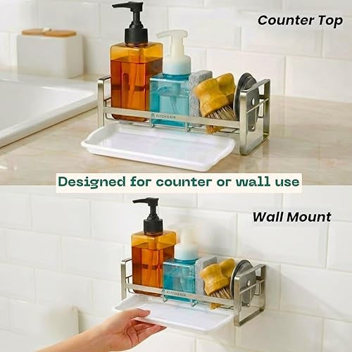 KITCH & KIN Stainless Steel Kitchen & Washroom Sink Organizer Rack with Drain Tray – Wall Mount Soap Stand, Sponge Holder & Adhesive Storage Organiser for Cleaning Essentials - Image 4