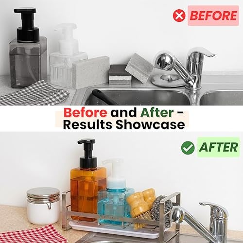 KITCH & KIN Stainless Steel Kitchen & Washroom Sink Organizer Rack with Drain Tray – Wall Mount Soap Stand, Sponge Holder & Adhesive Storage Organiser for Cleaning Essentials - Image 5