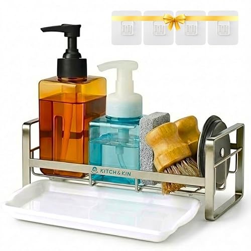 KITCH & KIN Stainless Steel Kitchen & Washroom Sink Organizer Rack with Drain Tray – Wall Mount Soap Stand, Sponge Holder & Adhesive Storage Organiser for Cleaning Essentials - Image 1