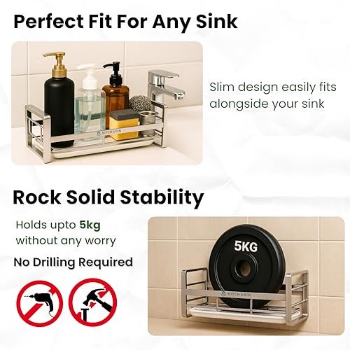 KITCH & KIN Stainless Steel Kitchen & Washroom Sink Organizer Rack with Drain Tray – Wall Mount Soap Stand, Sponge Holder & Adhesive Storage Organiser for Cleaning Essentials - Image 3