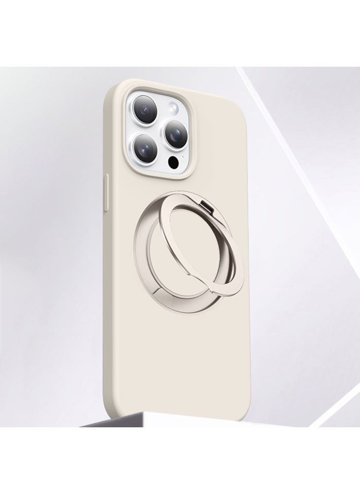 جراب لهاتف iPhone 16 Pro Max مزود بمسند دوار من السيليكون السائل + غطاء هاتف PC مع زر تحكم باللمس للكاميرا - أبيض عتيق - Image 1