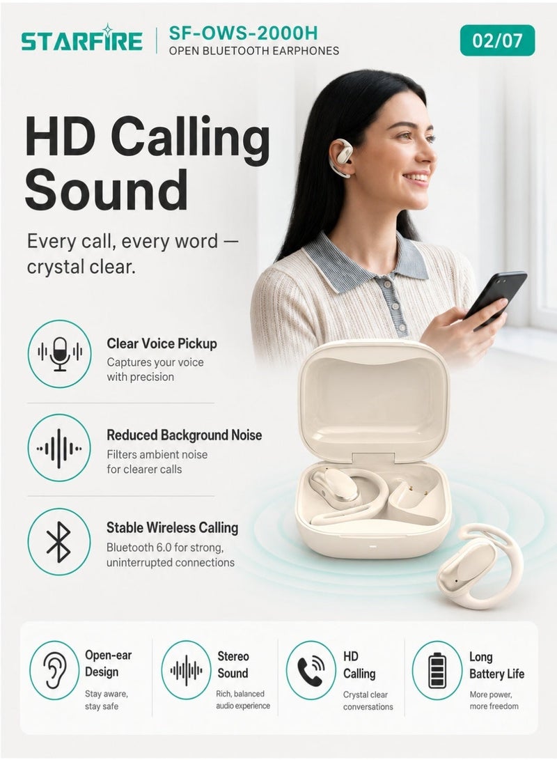 Starfire Open Ear Clip Wireless Earbuds Bluetooth 6.0, True Wireless Stereo Headphones with Touch Control, HD Calling Sound, IPX4 Waterproof, 10m Range, 350mAh Charging Case, Beige - Image 3