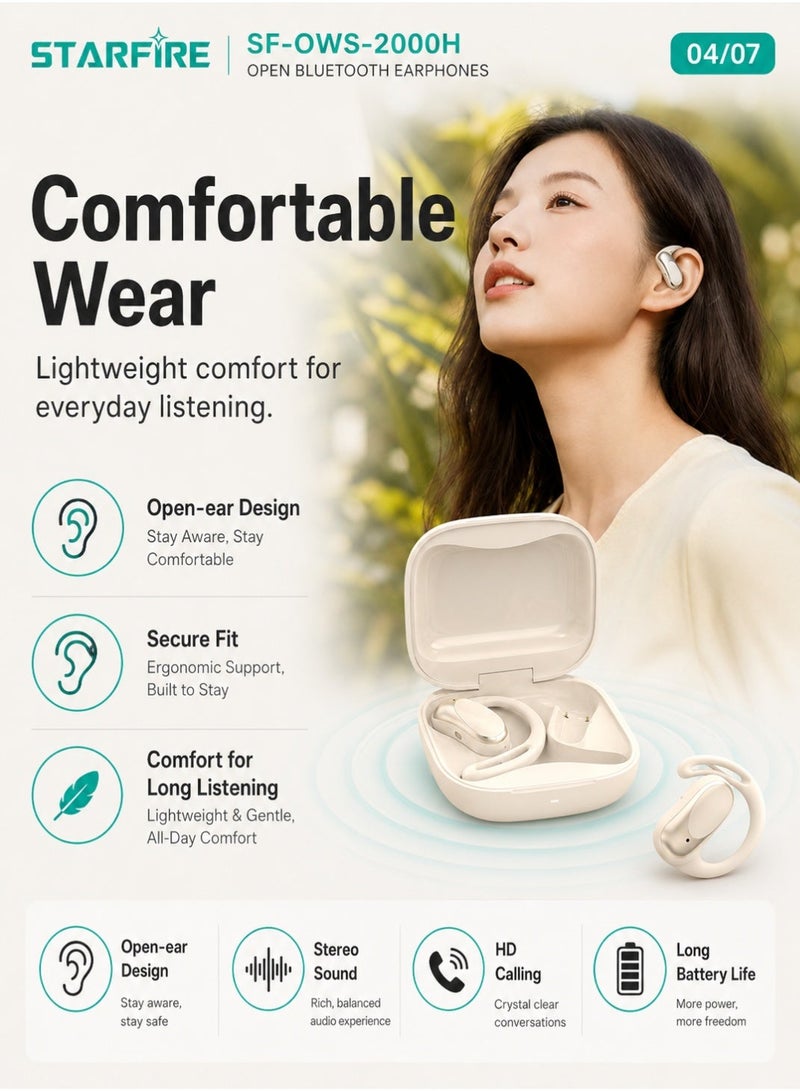 Starfire Open Ear Clip Wireless Earbuds Bluetooth 6.0, True Wireless Stereo Headphones with Touch Control, HD Calling Sound, IPX4 Waterproof, 10m Range, 350mAh Charging Case, Beige - Image 2