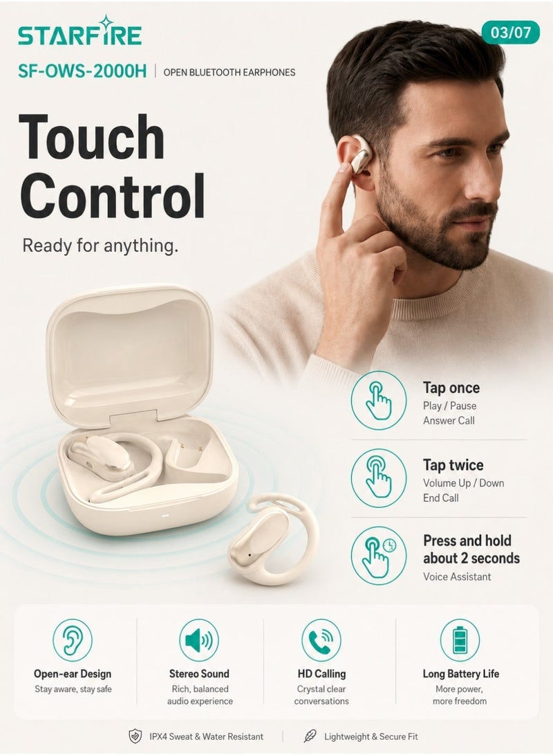 Starfire Open Ear Clip Wireless Earbuds Bluetooth 6.0, True Wireless Stereo Headphones with Touch Control, HD Calling Sound, IPX4 Waterproof, 10m Range, 350mAh Charging Case, Beige - Image 4