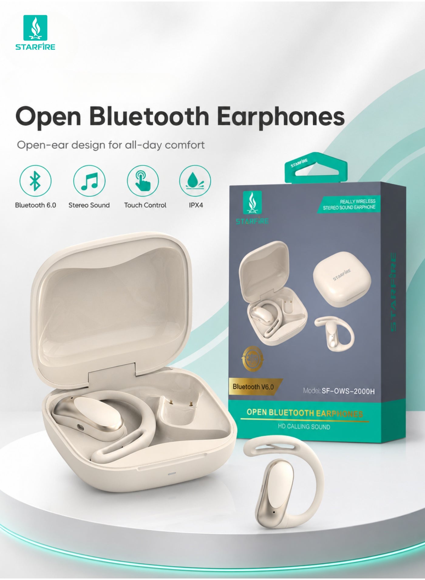 starfire Starfire Open Ear Clip Wireless Earbuds True Wireless Stereo Headphones With Touch Control Calling Sound IPX4 Waterproof 10m Range Charging Case Z88513F5C8F9CE7EBB93FZ