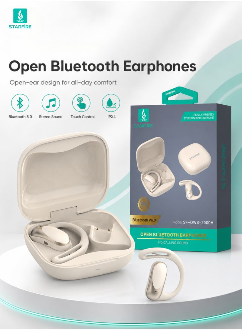 Starfire Open Ear Clip Wireless Earbuds Bluetooth 6.0, True Wireless Stereo Headphones with Touch Control, HD Calling Sound, IPX4 Waterproof, 10m Range, 350mAh Charging Case, Beige - Image 1
