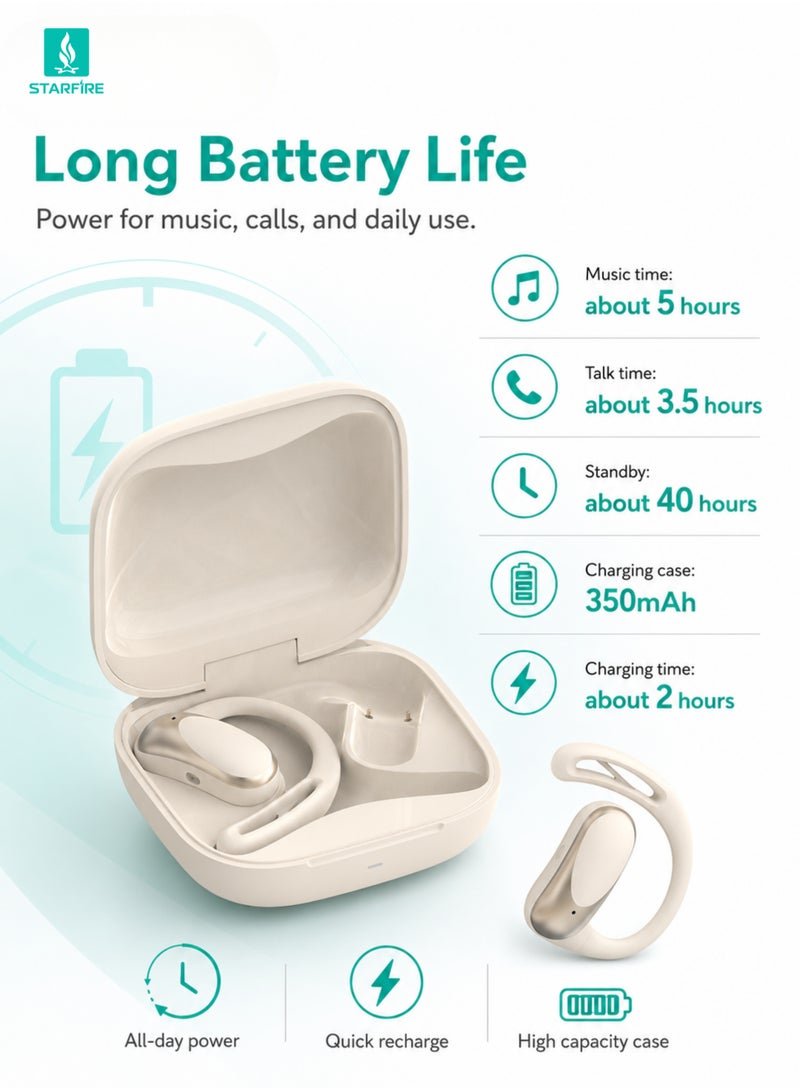 Starfire Open Ear Clip Wireless Earbuds Bluetooth 6.0, True Wireless Stereo Headphones with Touch Control, HD Calling Sound, IPX4 Waterproof, 10m Range, 350mAh Charging Case, Beige - Image 3