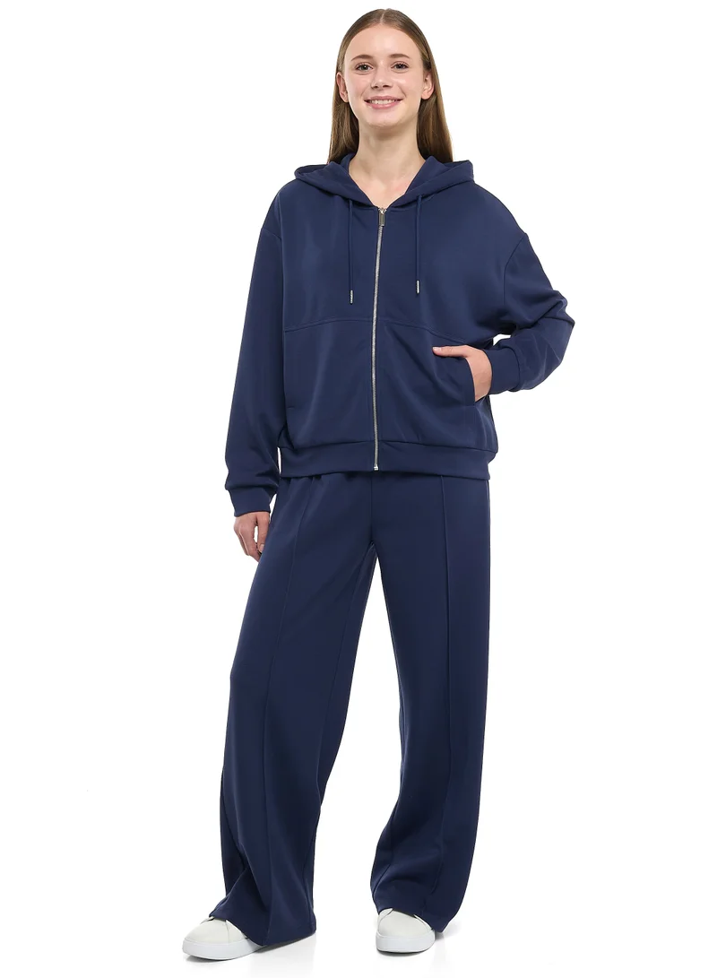 victor and jane 2 Piece Set- Navy Zip-Up Hoodie &amp; Wide-Leg Trousers Set