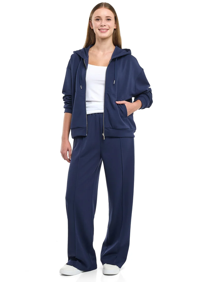 victor and jane 2 Piece Set- Navy Zip-Up Hoodie &amp; Wide-Leg Trousers Set