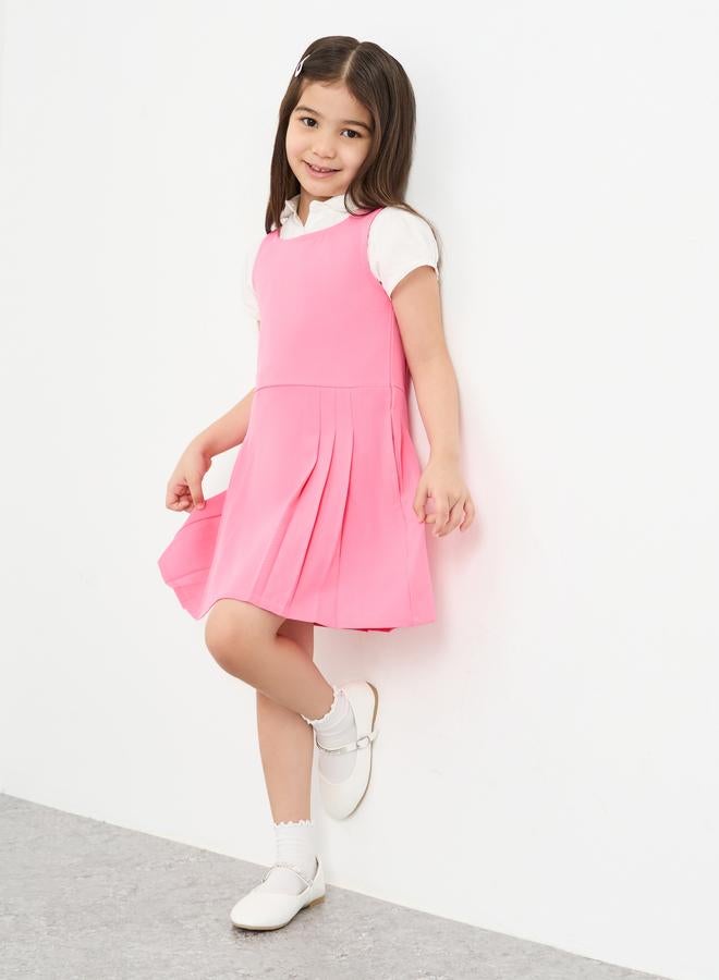 Styli Girls School Uniform Pink Pinafore Dress with Side Pocket - Image 1