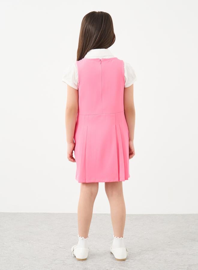 Styli Girls School Uniform Pink Pinafore Dress with Side Pocket - Image 4