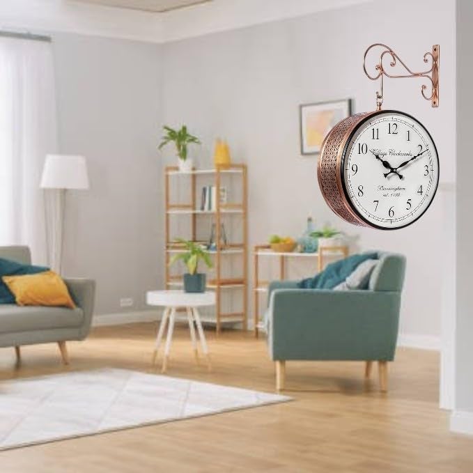 vedas vedas Anvi Metal Vintage Double Sided Analog Wall Clock Railway Station Antique Decorative Clock with Gold Finishing for Home Office Gym Classroom Gold 12 Inch  - Image 2