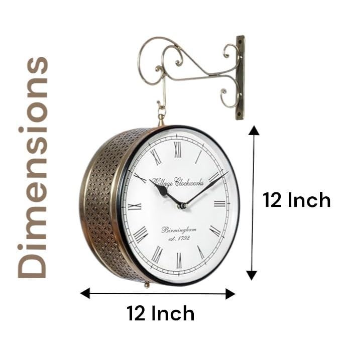 vedas vedas Anvi Metal Vintage Double Sided Analog Wall Clock Railway Station Antique Decorative Clock with Gold Finishing for Home Office Gym Classroom Gold 12 Inch  - Image 3