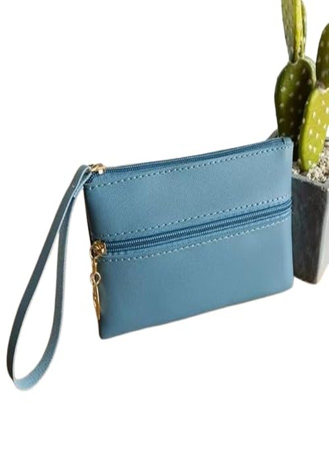 junelux Double Zipper Women's Clutch Bag |2025 New Coin Purse Ladies ID Card Bags | PU Leather Key Bags Fashion Portable Long Wallets (Turquoise Blue) - Image 1
