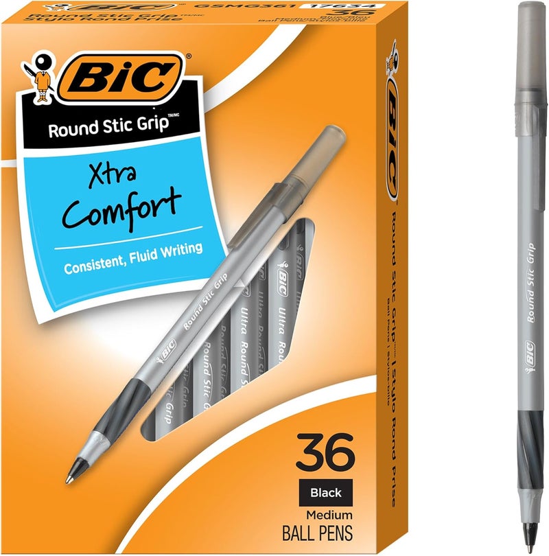 بيك قلم حبر جاف Round Stic Grip Xtra Comfort، رأس متوسط (1.2 مم)، أسود، عبوة 36 قطعة - Image 1