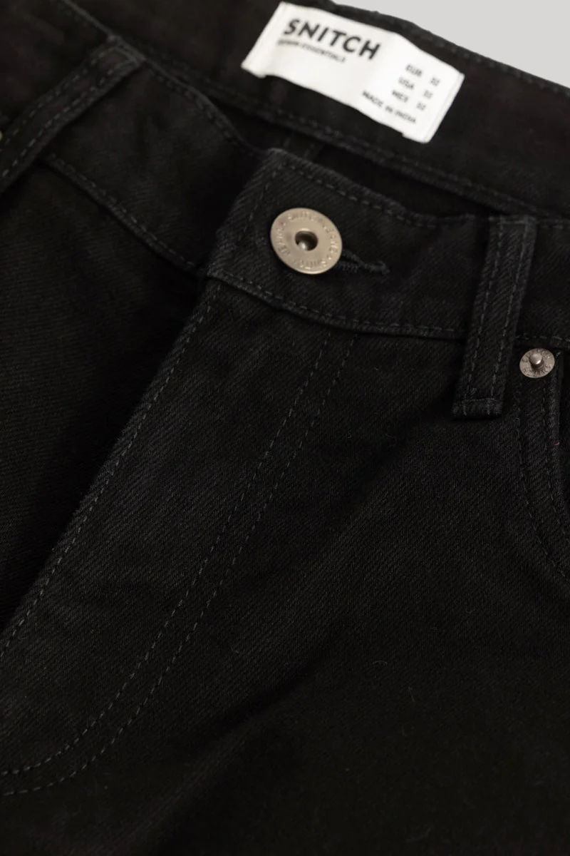 سنيتش Black Solid Wide Leg Streetwear Jeans