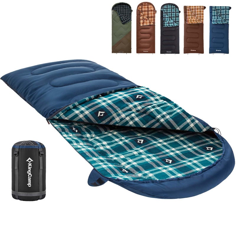 KingCamp Sleeping Bag for Adults Cold Weather Warm XL Big and Tall Flannel Sleeping Bags with Compression Sack Portable Waterproof Essentials Gear Accessories for Outdoor Camping Navy Left