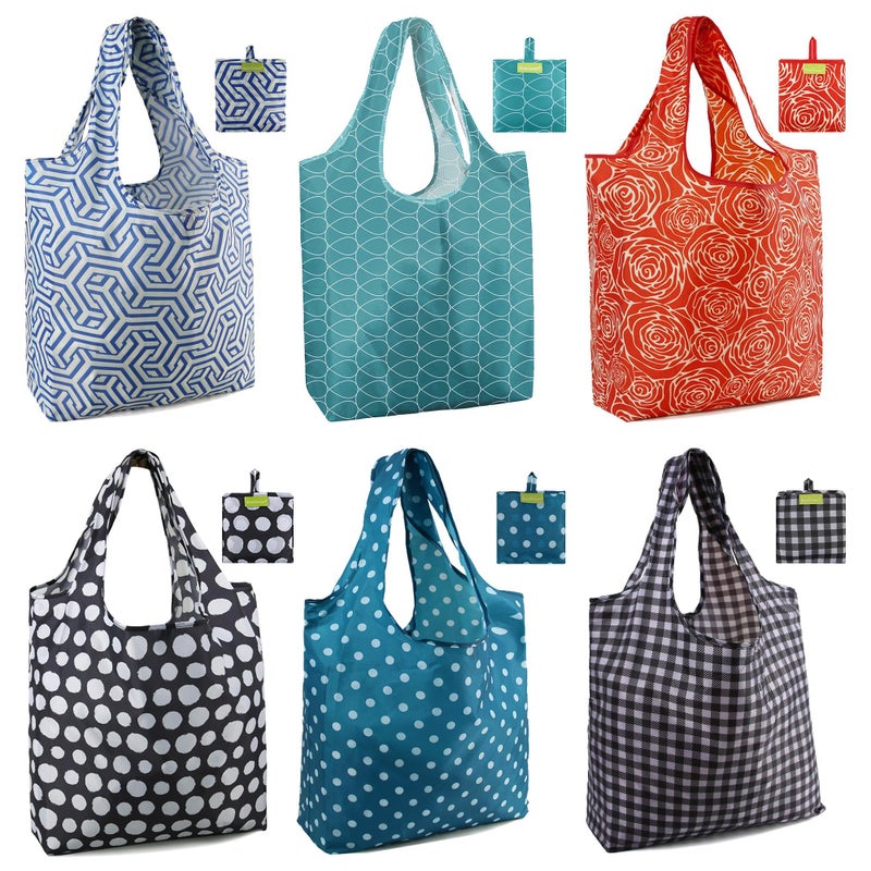 BeeGreen Geometry Reusable Shopping Bags Cute Grocery Bag 6 Pack Christmas Gift Bags HeavyDuty Foldable Shopping Totes for Supermarket Work Travel Large Washable Polyester Tote Bag with Handles - Image 2