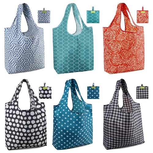 BeeGreen Geometry Reusable Shopping Bags Cute Grocery Bag 6 Pack Christmas Gift Bags HeavyDuty Foldable Shopping Totes for Supermarket Work Travel Large Washable Polyester Tote Bag with Handles - Image 1