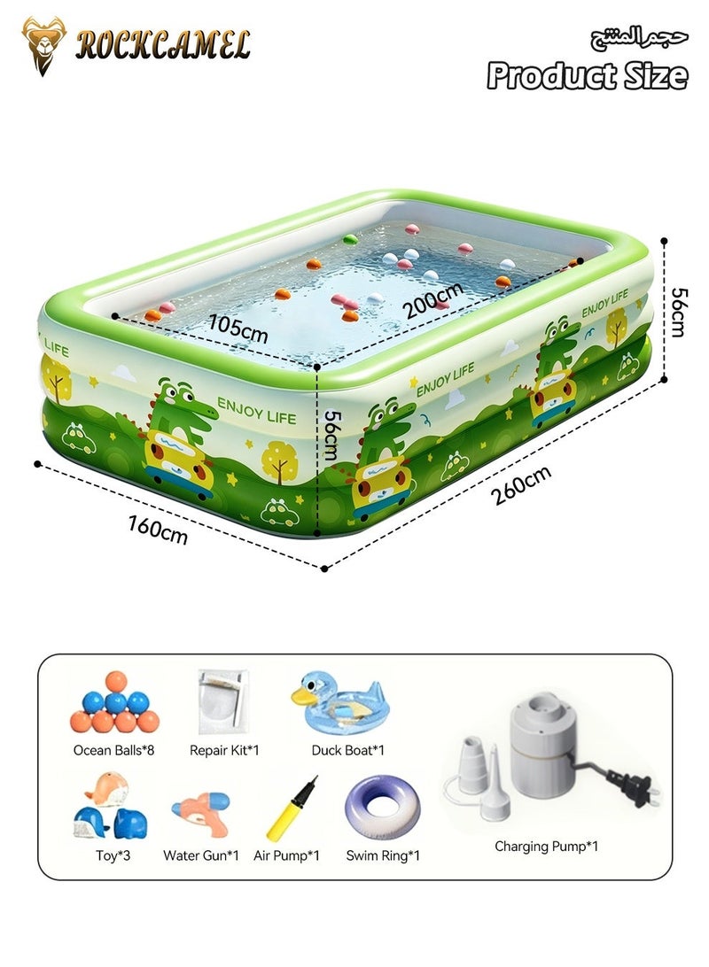 ROCKCAMEL Inflatable Swimming Pool with Electric Air Pump 260x160x56CM, Thickened PVC Kids Swimming Pool, Outdoor Fun Water Play Toys for Backyard & Garden, Suitable for 1-6 People - Image 4