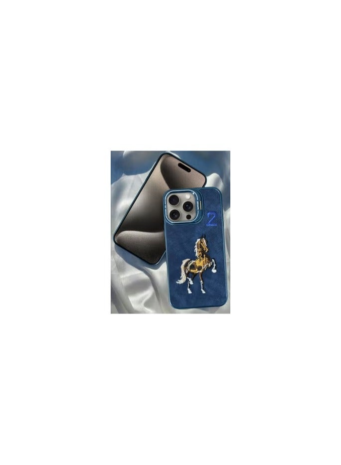 CATANES iPhone 15 Pro Max Case Cover Horse Series Leather Case 3D Embroidery Camera Bumper Anti Fingerprint ShookProof Protection Back Cover Kickstand Case Blue - Image 1