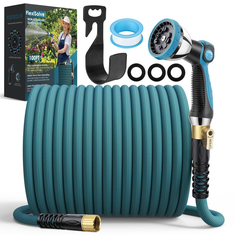 FlexiSolve NON-EXPANDABLE Garden Hose 100 ft, Ultra Lightweight Flexible Water Hose with 10-Pattern Nozzle & Shut-Off Valve, Holder, Leakproof & Kink-Resistant Reinforced Fittings for Yard Outdoor - Image 1