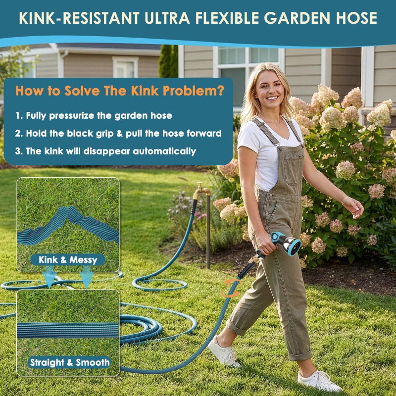 FlexiSolve NON-EXPANDABLE Garden Hose 100 ft, Ultra Lightweight Flexible Water Hose with 10-Pattern Nozzle & Shut-Off Valve, Holder, Leakproof & Kink-Resistant Reinforced Fittings for Yard Outdoor - Image 4