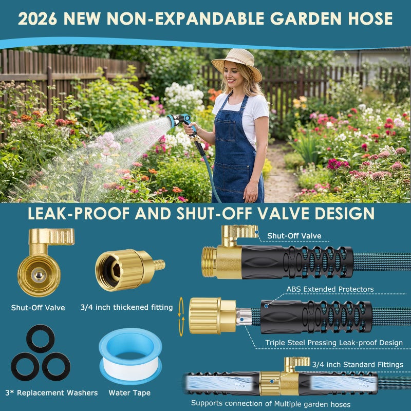 FlexiSolve NON-EXPANDABLE Garden Hose 100 ft, Ultra Lightweight Flexible Water Hose with 10-Pattern Nozzle & Shut-Off Valve, Holder, Leakproof & Kink-Resistant Reinforced Fittings for Yard Outdoor - Image 3