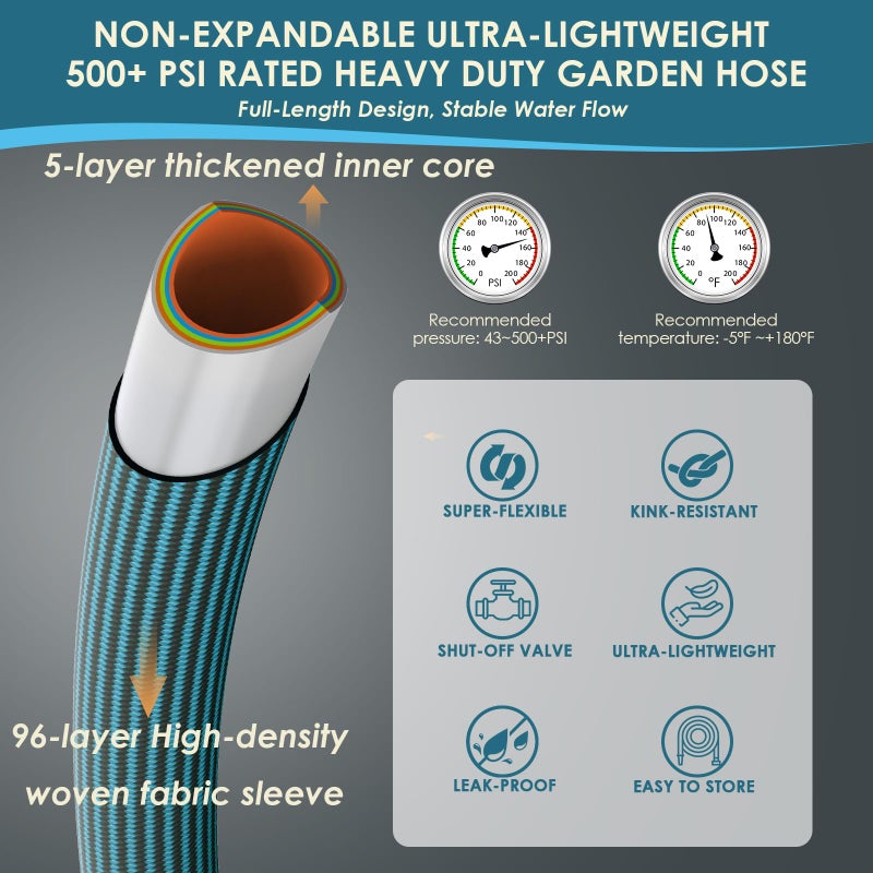 FlexiSolve NON-EXPANDABLE Garden Hose 100 ft, Ultra Lightweight Flexible Water Hose with 10-Pattern Nozzle & Shut-Off Valve, Holder, Leakproof & Kink-Resistant Reinforced Fittings for Yard Outdoor - Image 5