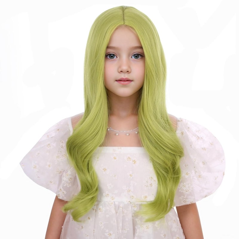DUDUWIG Children Olive Green Wig Kids Long Light Green Middle Part Wig Green Wavy Curly Wig for Girls Heat Resistant Synthetic Wig with Wig Cap - Image 1