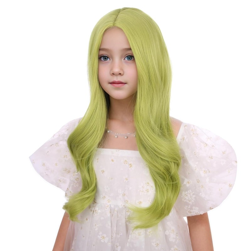 DUDUWIG Children Olive Green Wig Kids Long Light Green Middle Part Wig Green Wavy Curly Wig for Girls Heat Resistant Synthetic Wig with Wig Cap - Image 2