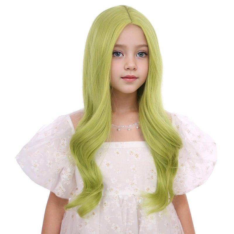 DUDUWIG Children Olive Green Wig Kids Long Light Green Middle Part Wig Green Wavy Curly Wig for Girls Heat Resistant Synthetic Wig with Wig Cap - Image 3