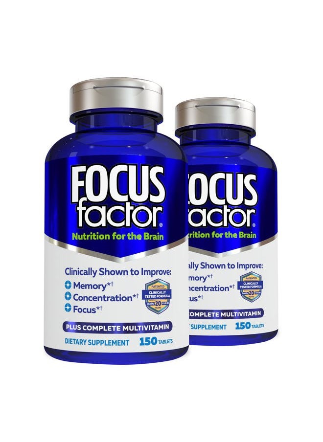 Focus Factor - Nutrition for The Brain, Improved Memory & Concentration Brain Supplement, Complete Multivitamin with Vitamins B6, B12, D, Bacopa Monnieri & Tyrosine, 150 Count (Pack of 2) - Image 1