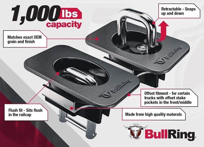 Bull Ring أربطة سرير شاحنة قابلة للسحب من نوع بول رينغ مع إزاحة مسطحة لفورد F150 موديل 150 لعام 1515-25، وفورد رابتور 2017-25 F250 وF350 سوبر ديوتي، وفورد رابتور موديل 17-25 (إزاحة لجيوب الأوتاد الأمامية والوسطى والخلفية) (زوج واحد) - Image 1