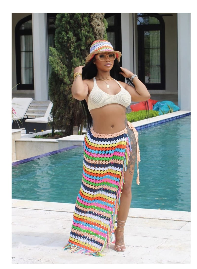 Women Sexy Tassel High Slit Crochet Sarongs, Wrap Coverup Summer Knit See Through Maxi Skirts, Beach Swimsuit, Versatile Fashion Accessory, Tassel Hollow Out Knit Crochet Sarong Coverup - Image 5