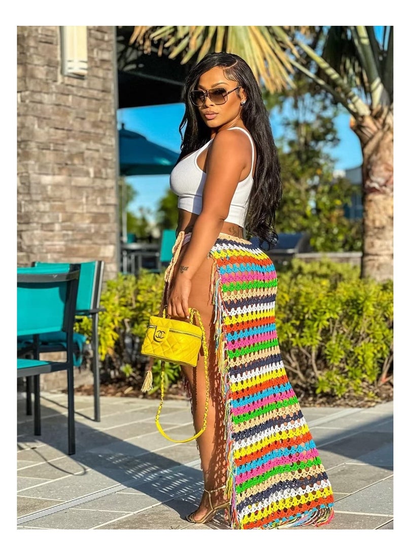 Women Sexy Tassel High Slit Crochet Sarongs, Wrap Coverup Summer Knit See Through Maxi Skirts, Beach Swimsuit, Versatile Fashion Accessory, Tassel Hollow Out Knit Crochet Sarong Coverup - Image 3