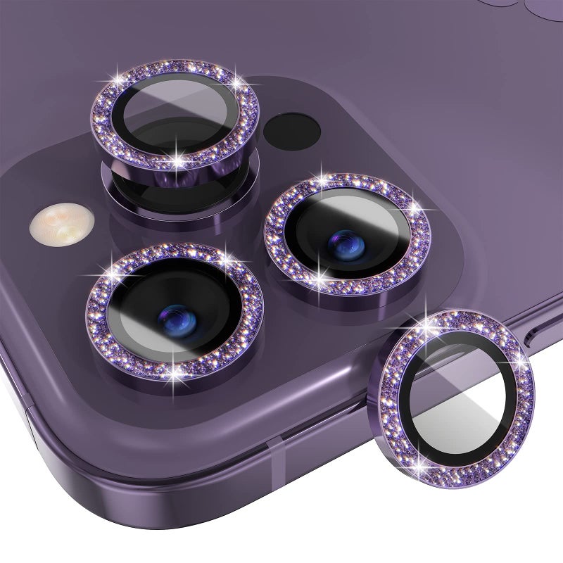 Choiche Compatible for iPhone 14 Pro/iPhone 14 Pro Max Camera Lens Protector Bling, 9H Tempered Glass Camera Cover Screen Protector Metal Ring Decoration Accessories (Glitter-Purple) - Image 1