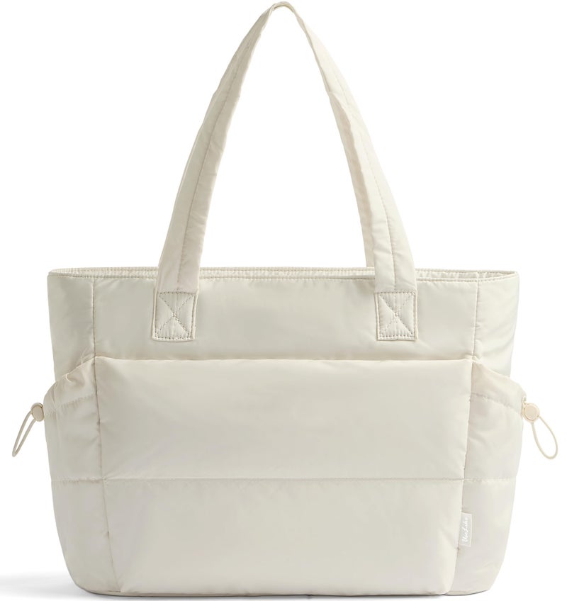 Uselike Tote Bag for Women Puffy Work Bags for Women with Zipper Lightweight Quilted Puffer Tote Bag for Travel, Teacher, Nurse (Off White) - Image 1